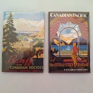 Banff & Lake Louise Two Fridge Magnets 3" Retro Scenes Made in Canada 1990s NOS